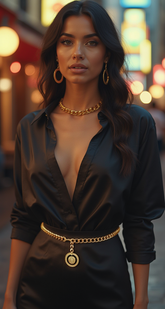 Gold Metal Skinny Chain Belt With Large Lion Medallion Pendant